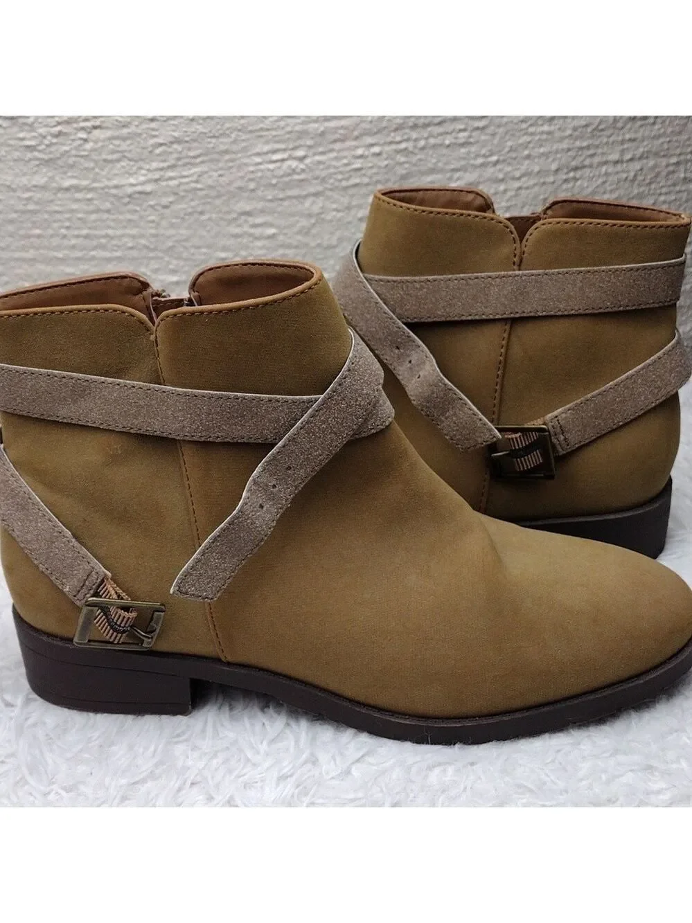 Lands' End Brown Suede Leather Dual Buckle Strap Almond Toe Side Zip Ankle Boot